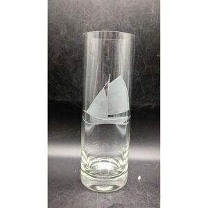 Vintage Clear Glass Etched Vase Sailboat Nautical Decor Signed 10"